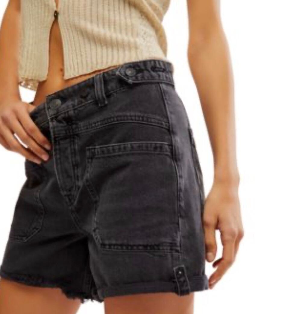 Free People Black Washed Utility Denim Shorts